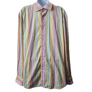 Easter Robert Graham Rainbow Shirt XL Flip Cuff Embroidered Pastel Stripe Preppy